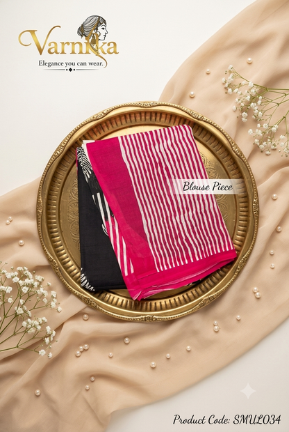 SMUL034 - Ebony & Magenta Leaf Print Soft Mulmul Cotton Saree