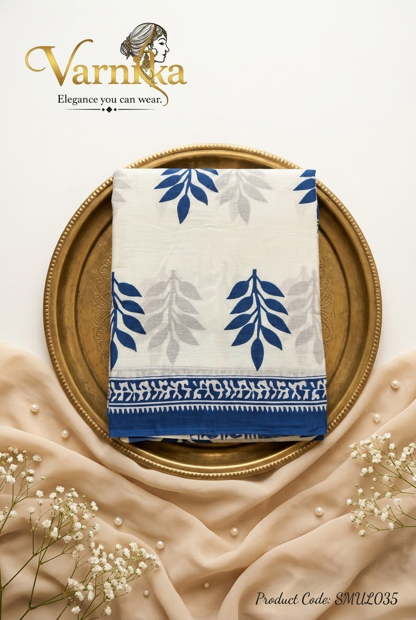 SMUL035 - Indigo Leaf Hand-Block Printed Mulmul Saree