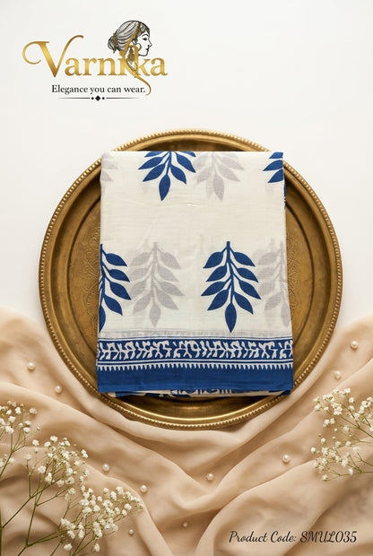 SMUL035 - Indigo Leaf Hand-Block Printed Mulmul Saree