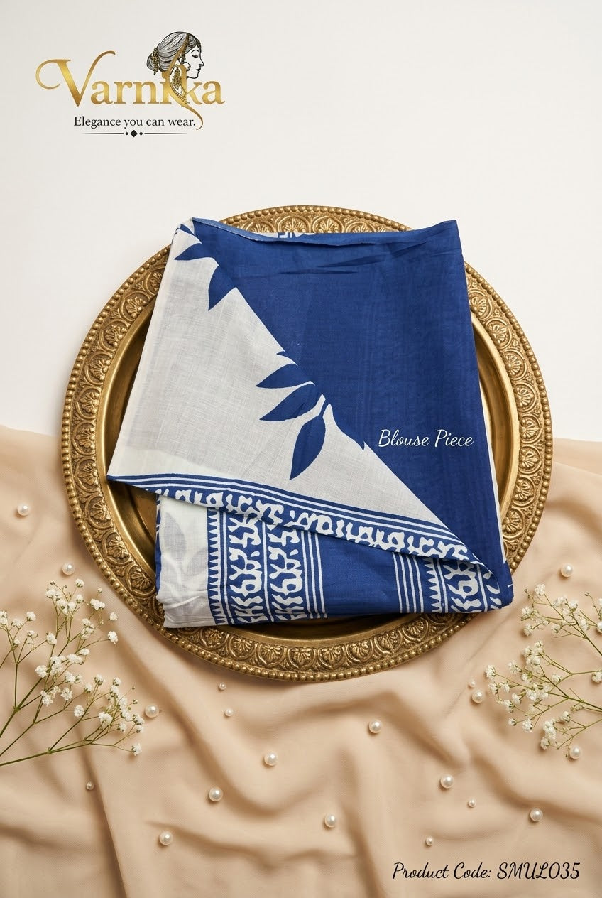 SMUL035 - Indigo Leaf Hand-Block Printed Mulmul Saree