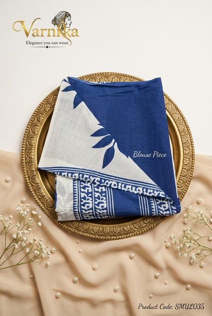 SMUL035 - Indigo Leaf Hand-Block Printed Mulmul Saree