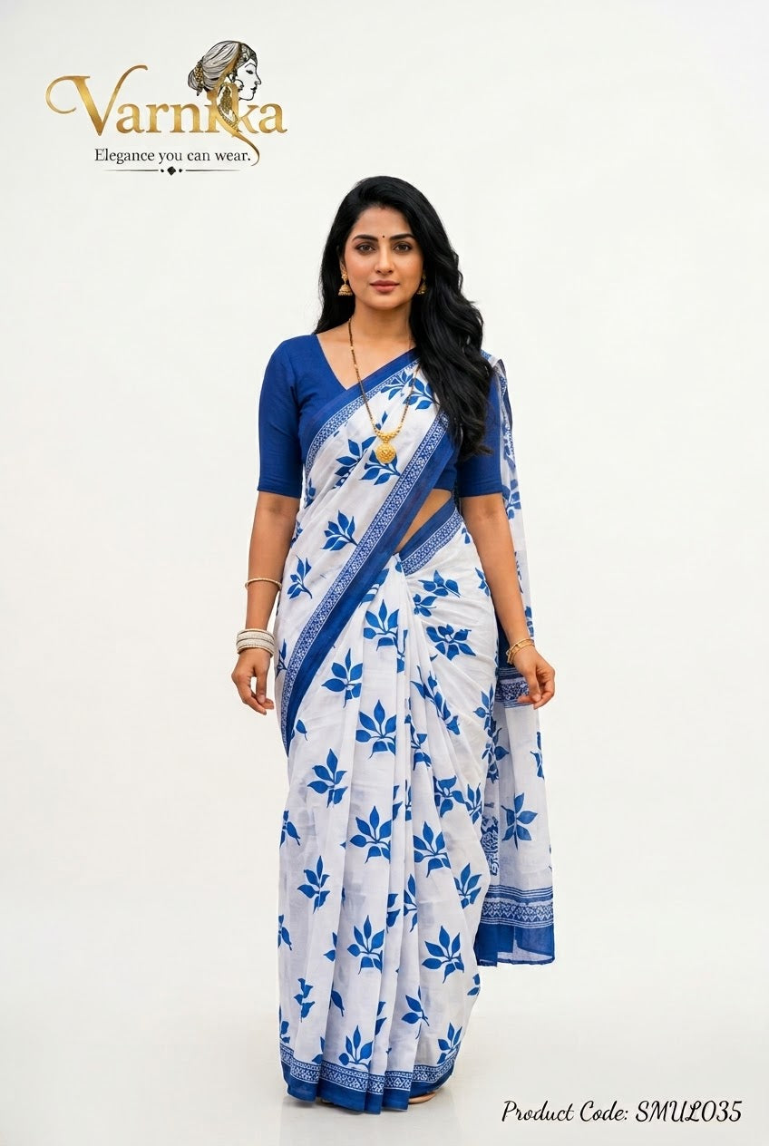 SMUL035 - Indigo Leaf Hand-Block Printed Mulmul Saree
