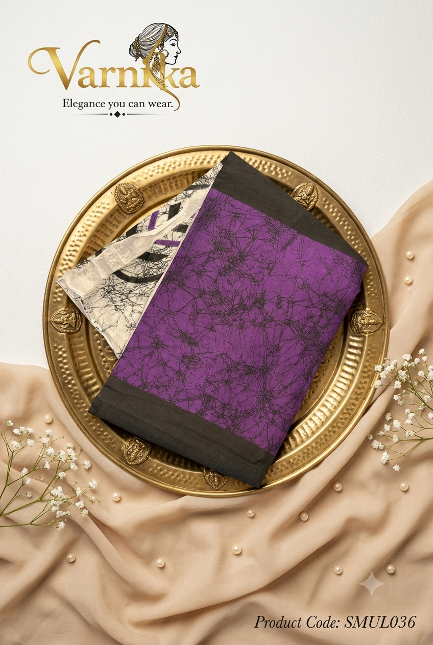 SMUL036 - Royal Purple & Off-White Batik Print Soft Mulmul Cotton Saree