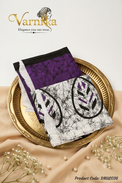 SMUL036 - Royal Purple & Off-White Batik Print Soft Mulmul Cotton Saree