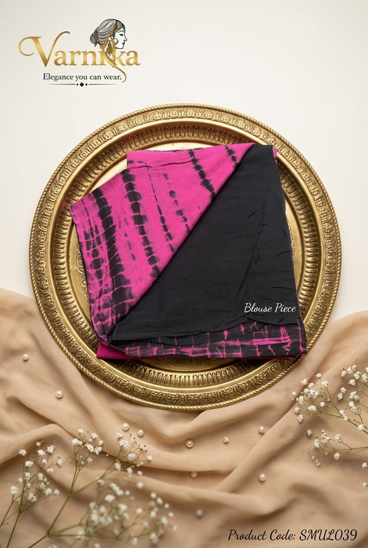 SMUL039 - Fuchsia & Charcoal Shibori Tie-Dye Mulmul Cotton Saree
