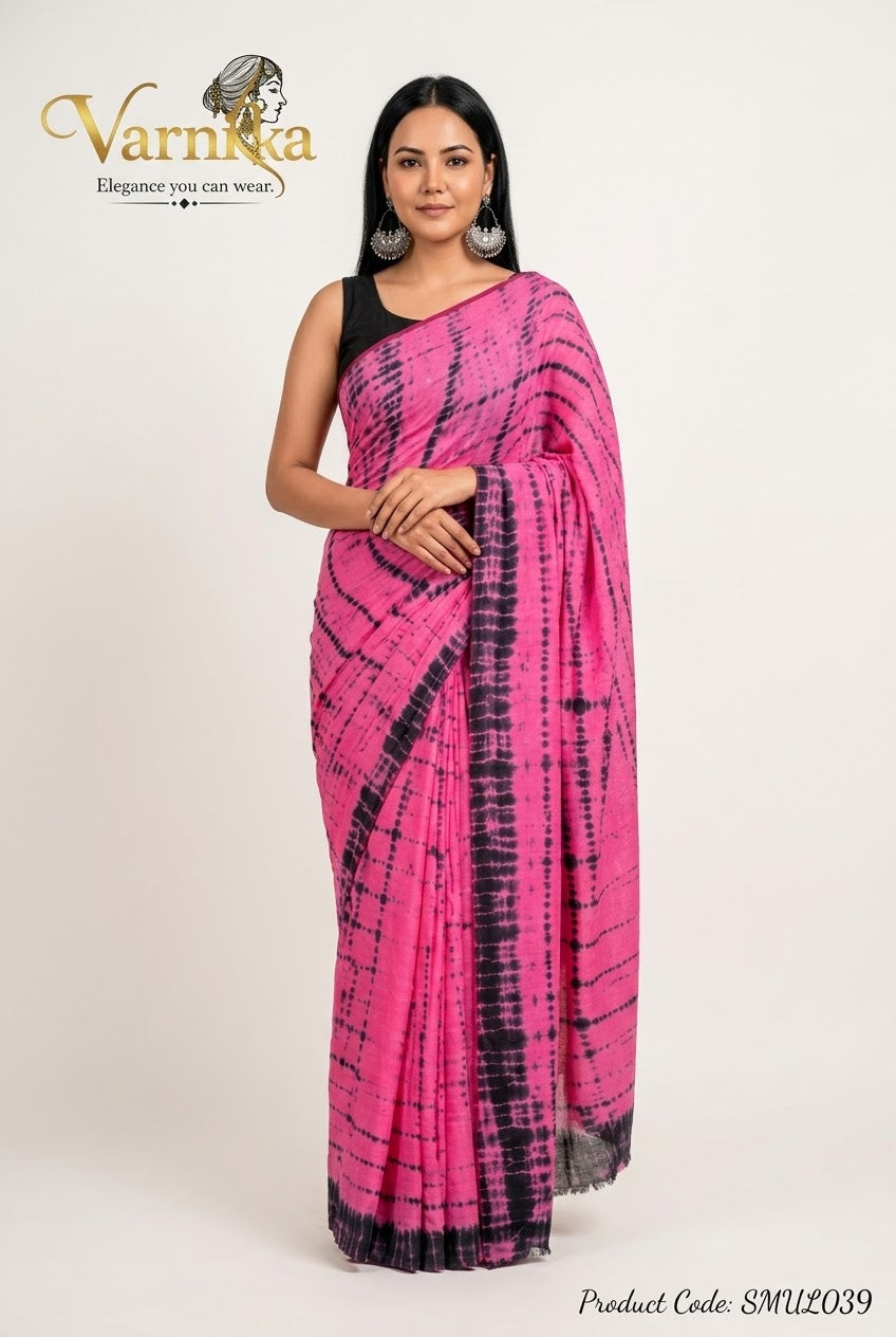 SMUL039 - Fuchsia & Charcoal Shibori Tie-Dye Mulmul Cotton Saree
