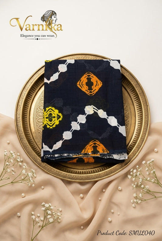 SMUL040 - Geometric Shibori Print Pure Mulmul Cotton Saree
