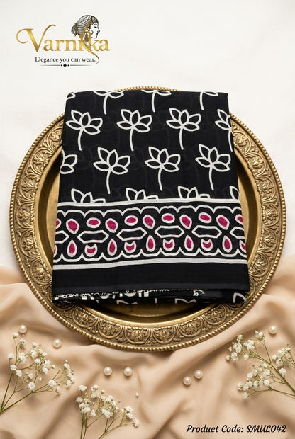 SMUL042 - Midnight Lotus Mulmul Cotton Saree