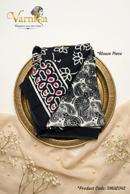 SMUL042 - Midnight Lotus Mulmul Cotton Saree