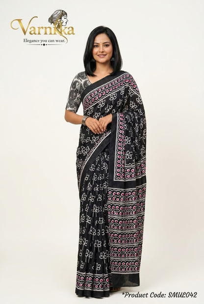 SMUL042 - Midnight Lotus Mulmul Cotton Saree