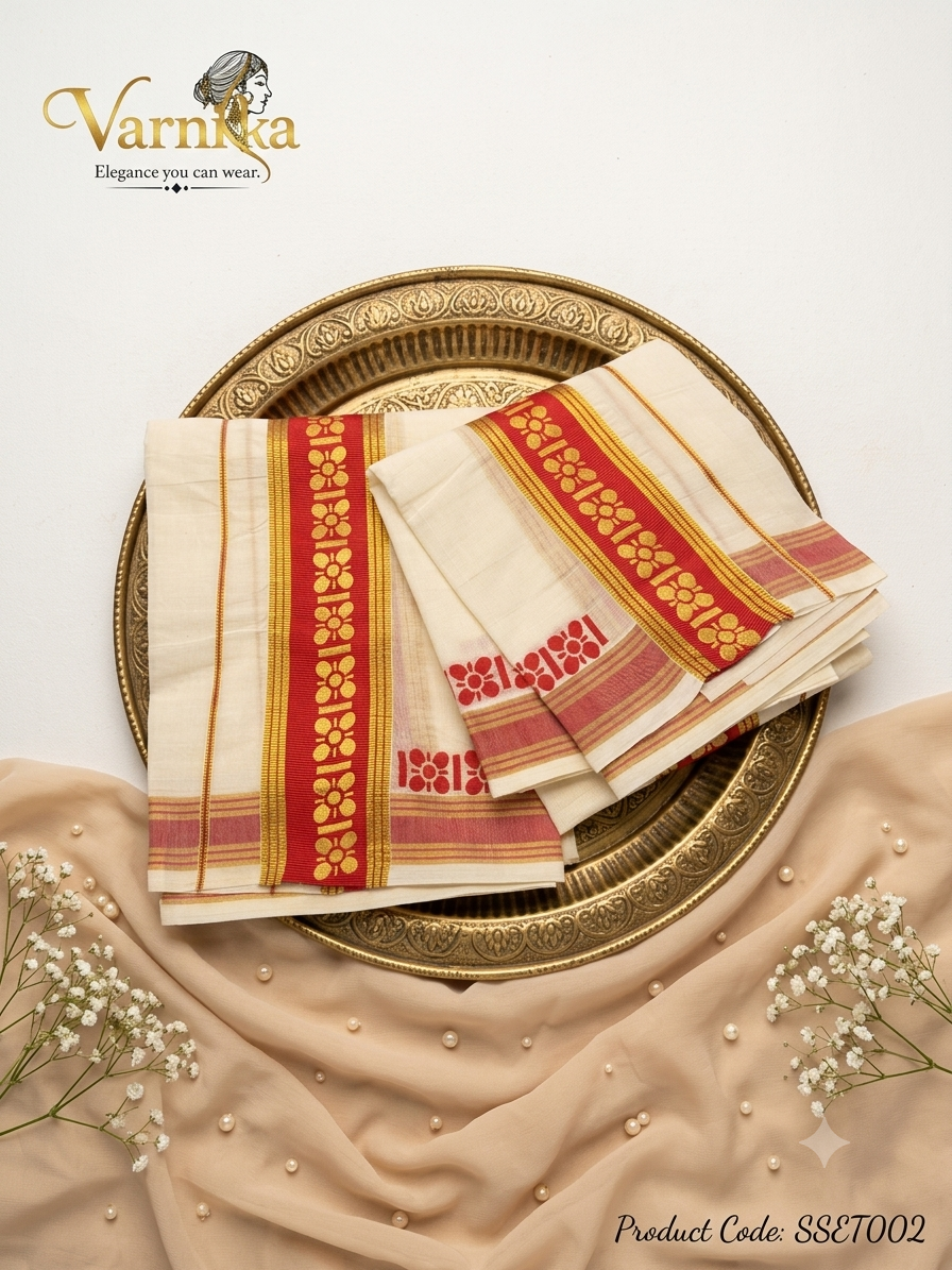 SSET002 - Sona & Crimson Floral Powerloom Set Mundu