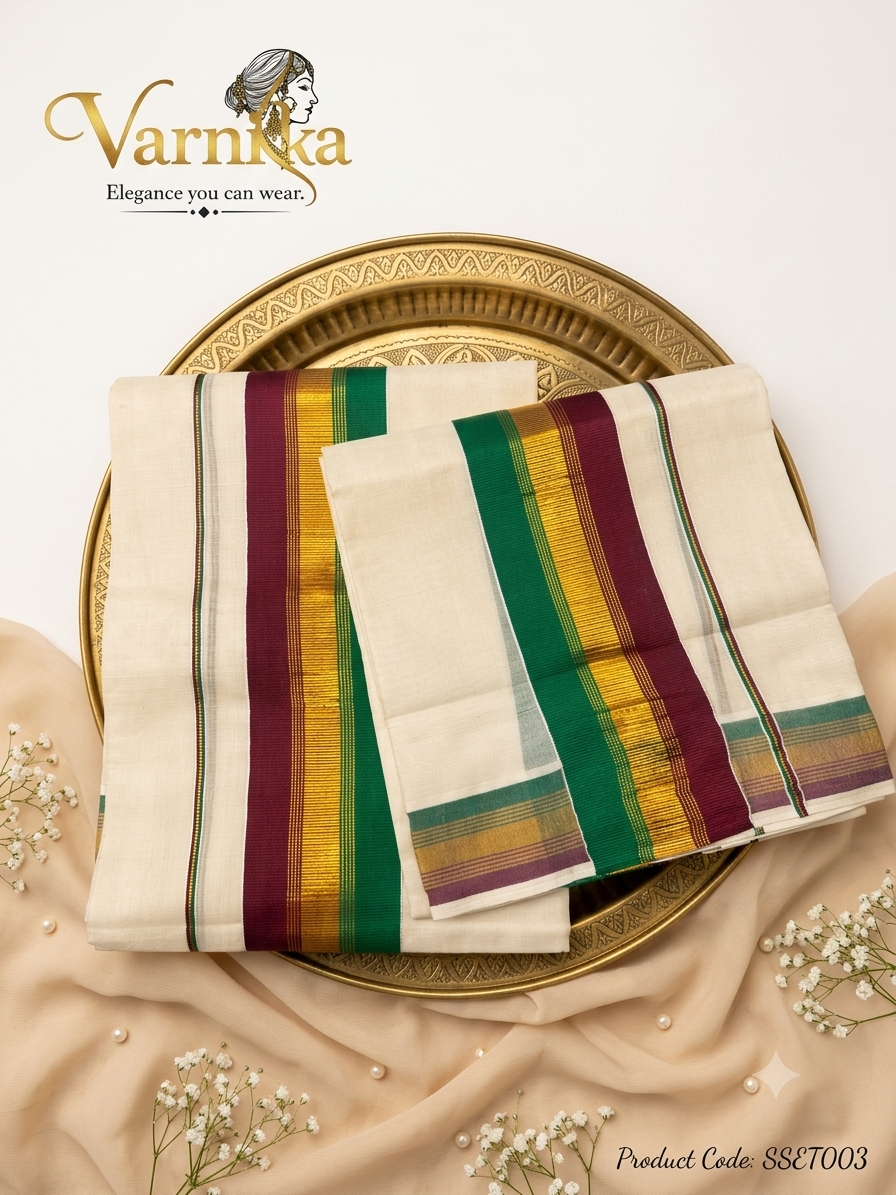 SSET003 - The Vintage Kara Set Mundu – With Emerald, Maroon & Gold Zari