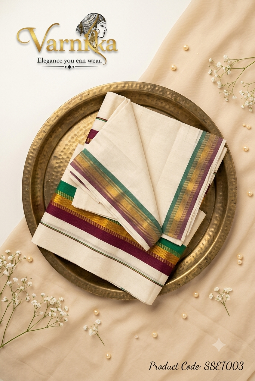 SSET003 - The Vintage Kara Set Mundu – With Emerald, Maroon & Gold Zari