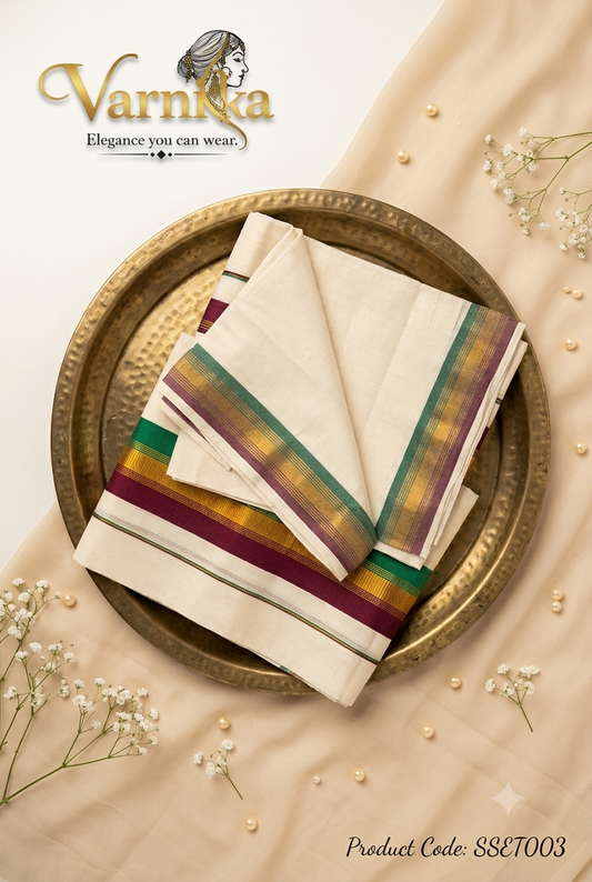 SSET003 - The Vintage Kara Set Mundu – With Emerald, Maroon & Gold Zari