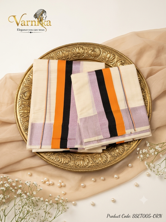 SSET005 - Traditional Powerloom Kerala Set Mundu with Contemporary Multi-Colour Border
