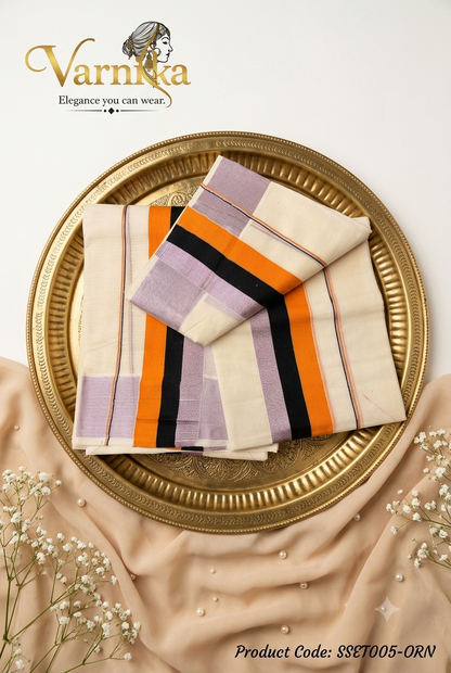 SSET005 - Traditional Powerloom Kerala Set Mundu with Contemporary Multi-Colour Border