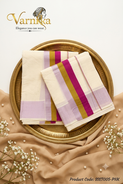 SSET005 - Traditional Powerloom Kerala Set Mundu with Contemporary Multi-Colour Border