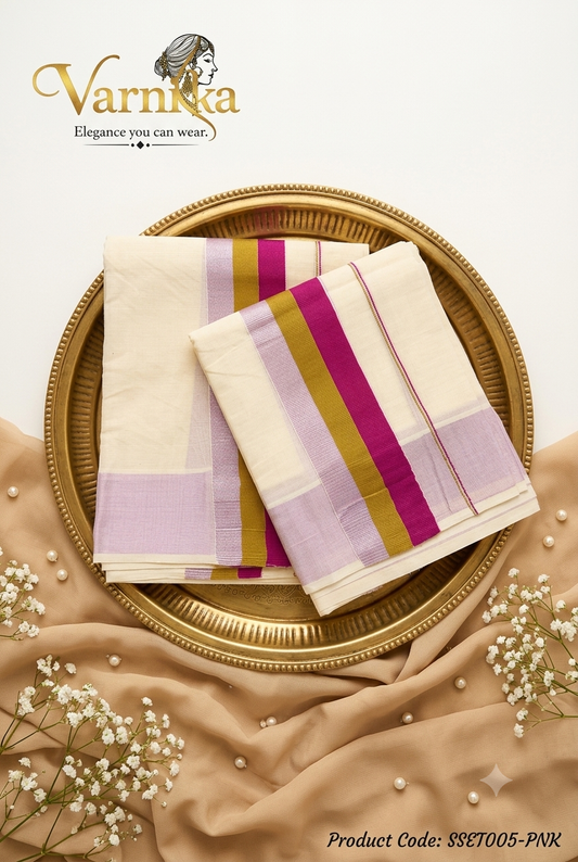 SSET005 - Traditional Powerloom Kerala Set Mundu with Contemporary Multi-Colour Border