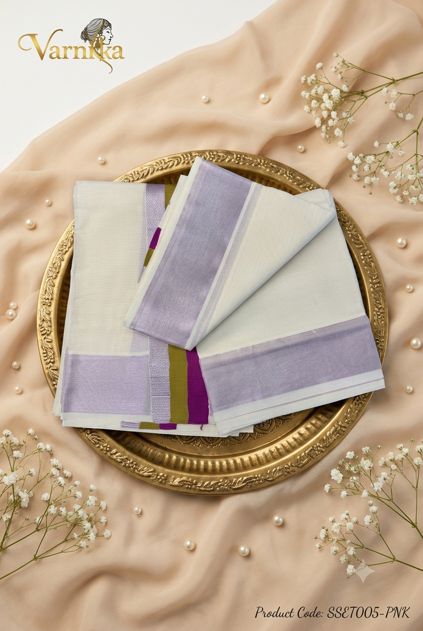SSET005 - Traditional Powerloom Kerala Set Mundu with Contemporary Multi-Colour Border