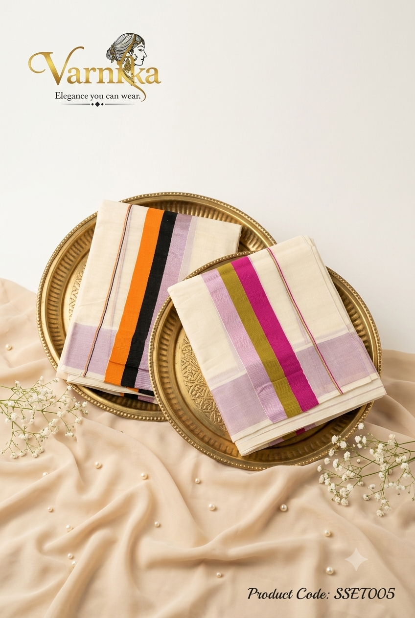 SSET005 - Traditional Powerloom Kerala Set Mundu with Contemporary Multi-Colour Border