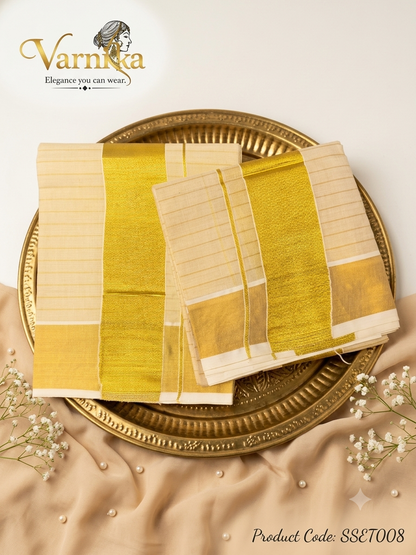 SSET008 - Traditional Kerala Kasavu Set Mundu – Golden Striped Edition