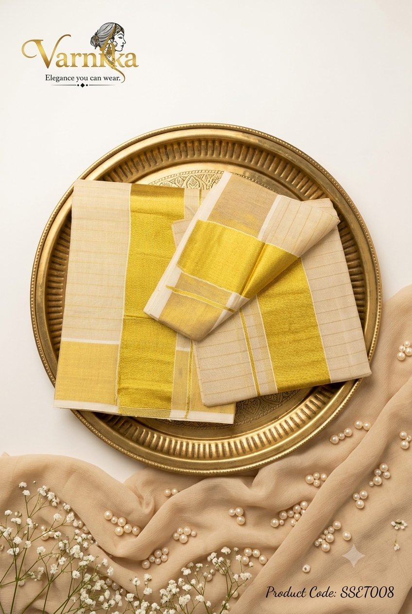 SSET008 - Traditional Kerala Kasavu Set Mundu – Golden Striped Edition