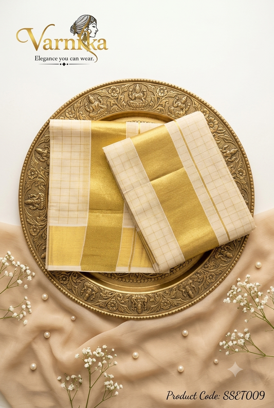 SSET009 - Traditional Kerala Kasavu Set Mundu – Golden Checked Edition