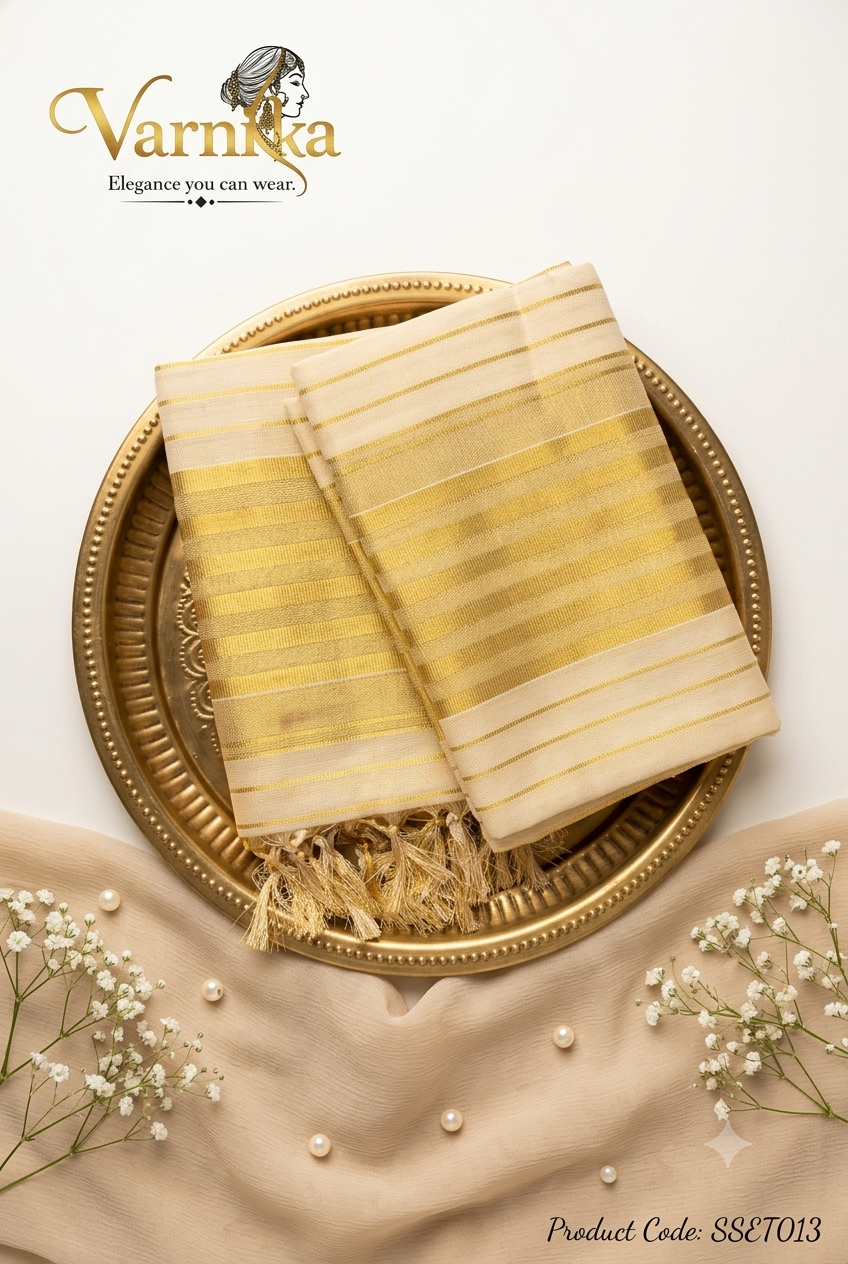 SSET013 - Golden Stripe Cotton Set Mundu with Tassels