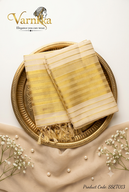 SSET013 - Golden Stripe Cotton Set Mundu with Tassels