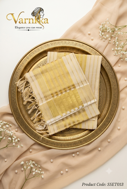SSET013 - Golden Stripe Cotton Set Mundu with Tassels