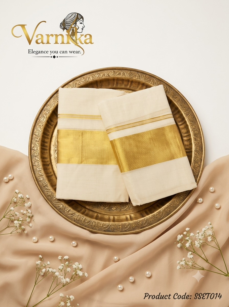 SSET014 - Classic Kerala Cotton Set Mundu with Golden 3 inch Zari Border