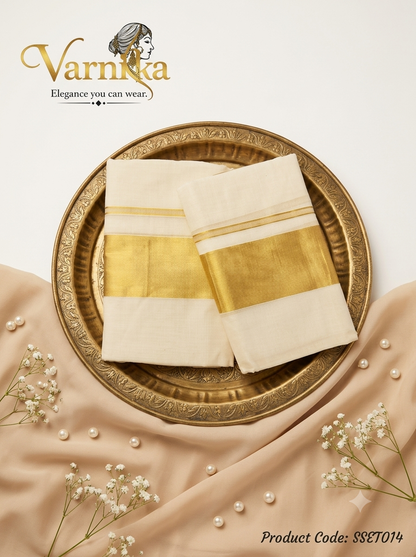 SSET014 - Classic Kerala Cotton Set Mundu with Golden 3 inch Zari Border