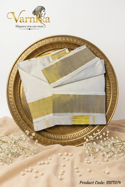SSET014 - Classic Kerala Cotton Set Mundu with Golden 3 inch Zari Border