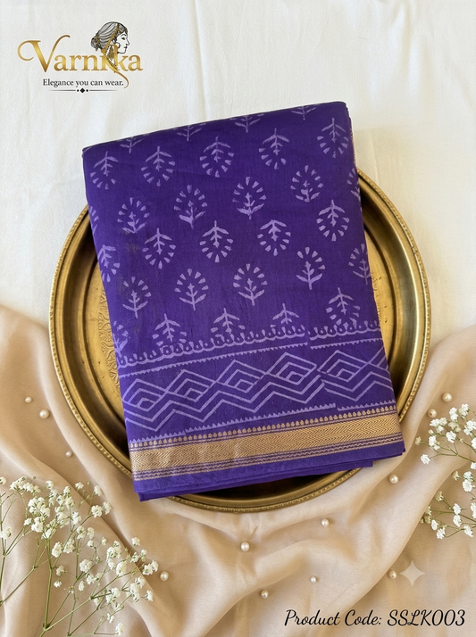 SSLK003 - Royal Indigo Maheshwari Silk Cotton Saree with Block Print & Zari Border